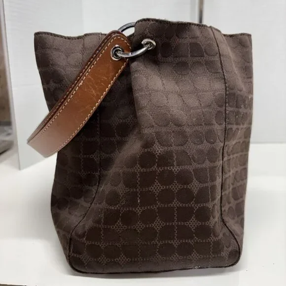 Vintage Kate Spade Brown Canvas Drawstring Bucket Bag Dot Geometric Print - Picture 7 of 13